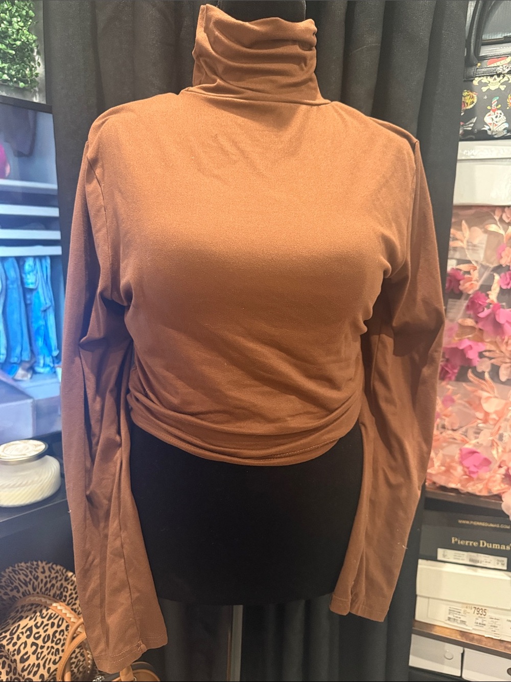 Women's Brown Turtleneck Long-Sleeve Tee